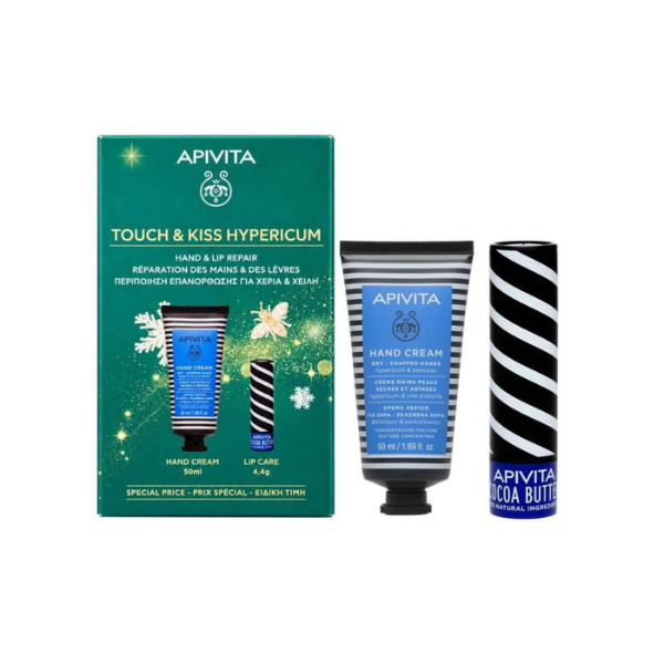 Apivita Coffret Touch & Kiss Hypericum Mãos Secas Hipericão 50ml + Lábios Manteiga Cacau 4,4gr.