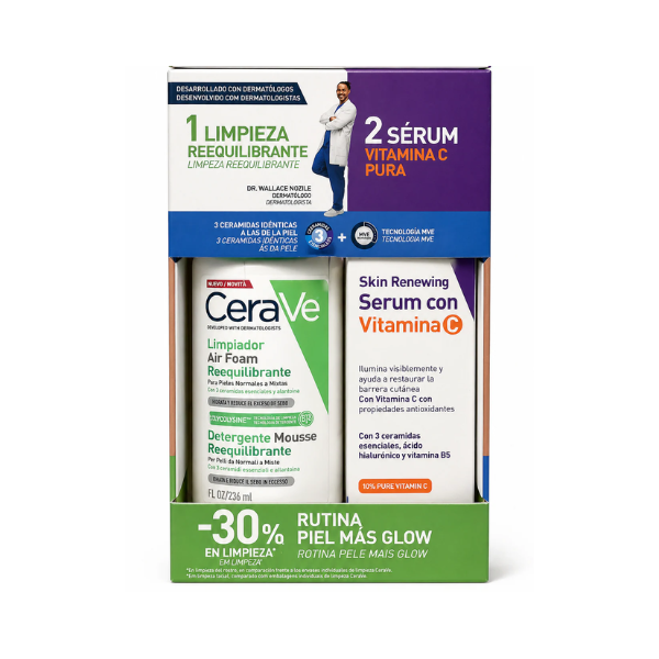 CeraVe Coffret Rotina Pele Mais Glow Espuma Reequilibrante 148ml + Sérum Vitamina C 30ml