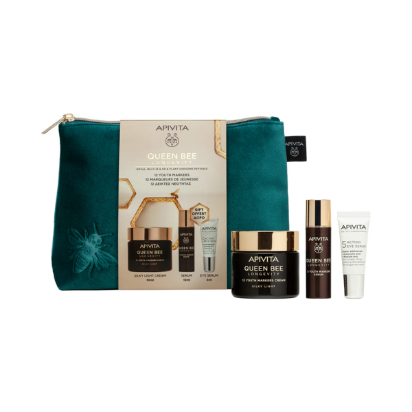 Apivita Coffret Queen Bee Longevity Creme Ligeiro 50ml + OFERTA Sérum 10ml e Sérum Olhos 5ml c/Bolsa