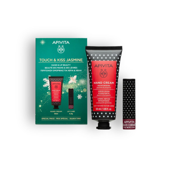 Apivita Coffret Touch & Kiss Jasmine Hidratação Mãos Jasmim 50ml + Lábios Groselha-Negra 4,4gr.