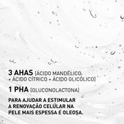 filorga skin prep gel limpeza imagem com fundo apenas de gel com texto sobreposto que diz: 3 ácidos (mandélico + cítrico + glicólico), 1 PHA (gluconolactona), para ajudar a estimular a renovação celular na pele mais espessa e oleosa.
