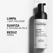 filorga skin prep mousse embalagem produto com o texto de limpa (ação anti-poluição), suaviza a textura da pele e reduz os poros