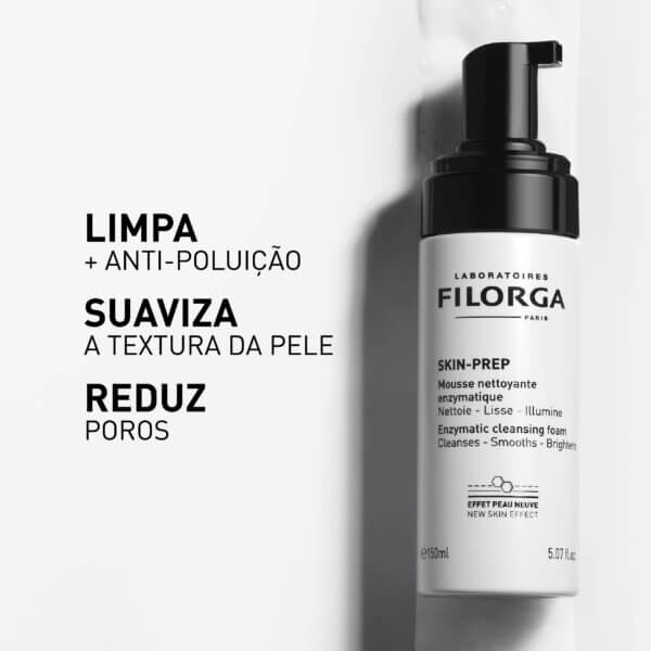 filorga skin prep mousse embalagem produto com o texto de limpa (ação anti-poluição), suaviza a textura da pele e reduz os poros