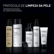 filorga gama protocololimpeza pele imagem com fundo preto e todas as embalagens da gama skin prep e texto que diz: protocolo de limpeza da pele inspirado em técnicas de limpeza profissionais.