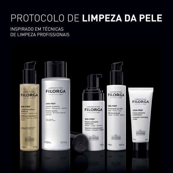 filorga gama protocololimpeza pele imagem com fundo preto e todas as embalagens da gama skin prep e texto que diz: protocolo de limpeza da pele inspirado em técnicas de limpeza profissionais.