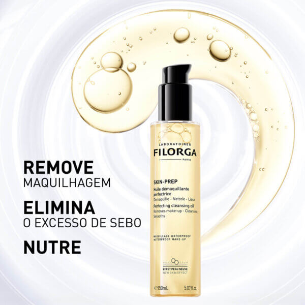 filorga skin prep óleo desmaquilhante imagem da embalagem de produto com gota de óleo arrastada por detrás e texto que diz: remove maquilhagem, elimina o excesso de sebo e nutre.