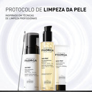 filorga skin prep com todos os produtos do protocolo. Imagens das embalagens de mousse, óleo desmaquilhante e creme esfoliante enzimático. Texto que diz: protocolo de limpeza da pele, inspirado em técnicas de limpeza profissionais.