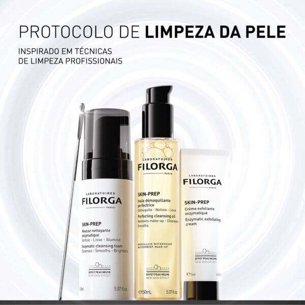 filorga skin prep com todos os produtos do protocolo. Imagens das embalagens de mousse, óleo desmaquilhante e creme esfoliante enzimático. Texto que diz: protocolo de limpeza da pele, inspirado em técnicas de limpeza profissionais.