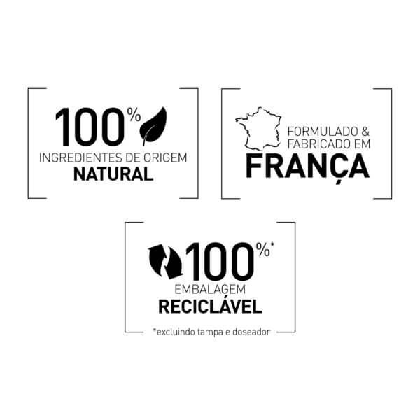 filorga selos de confiança: 100% ingredientes naturais, formulado e fabricado em França e embalagem 100 reciclável (excluindo tampa e doseador).